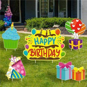 Set of 5 Happy Birthday YardSign with PlasticStake Birthday Cake Cupcake Balloon